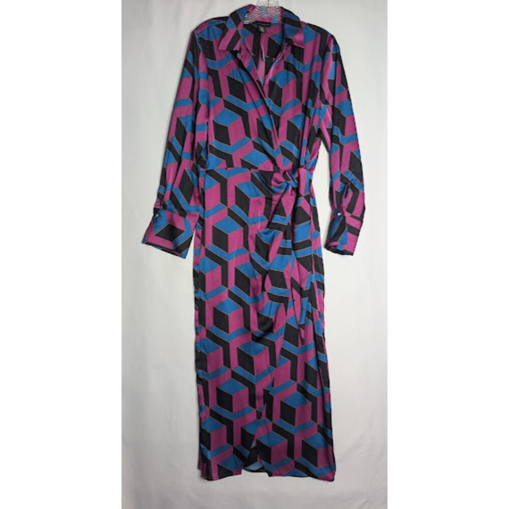 HOUSE OF HARLOW 1960 Satin Wrap 52" Long Maxi Dress Bold Geometric Print Retro